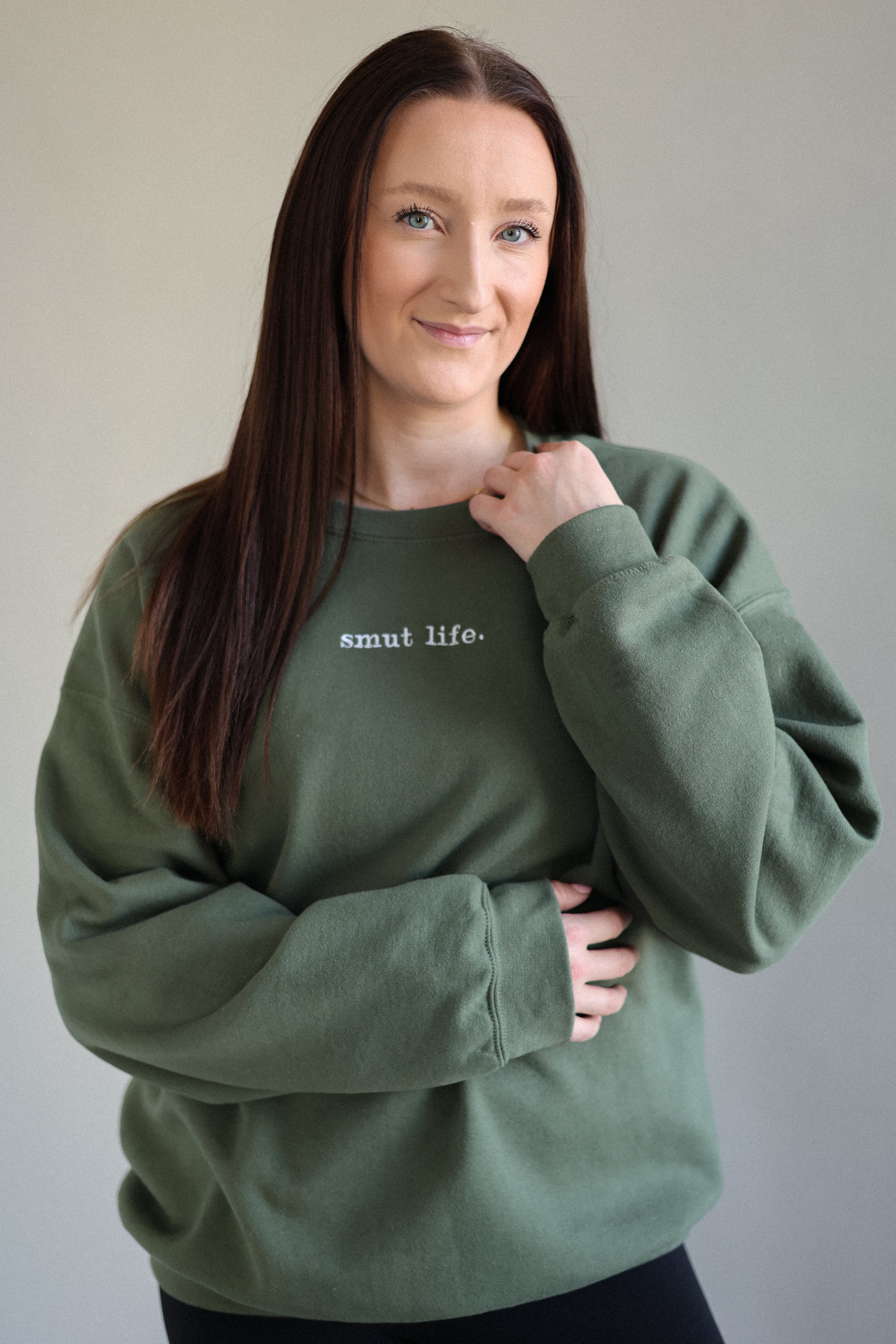 smut life. oversized crewneck in forbidden chapter (military green)