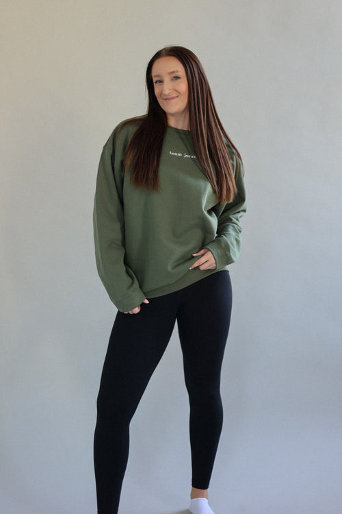 team jesus. oversized crewneck in forbidden chapter (military green)